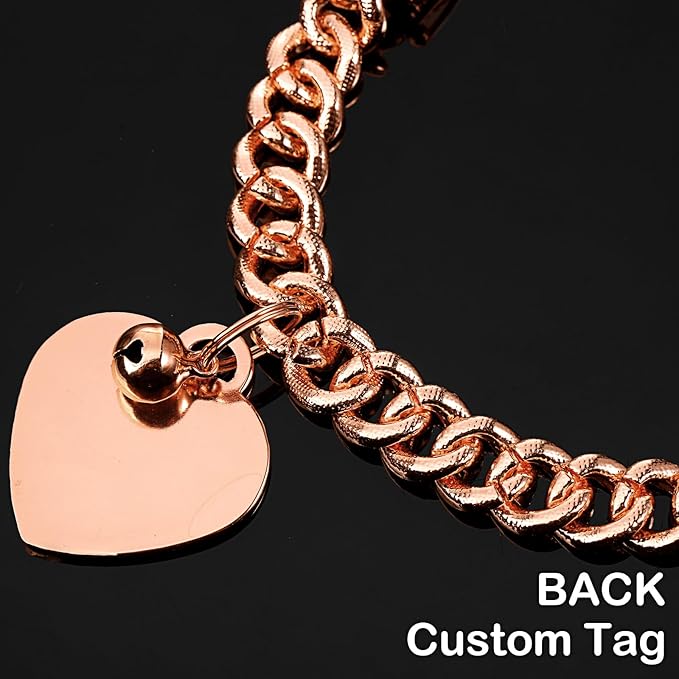Hillban Dog Chain Gold-Plated Diamond Collar with Heart Rhinestones Jewelry Pet ID Tag Chain Bling Puppy Collar with Personalized Name Tag for Small Medium Large Dog Cat(Rose Gold,12 Inch)