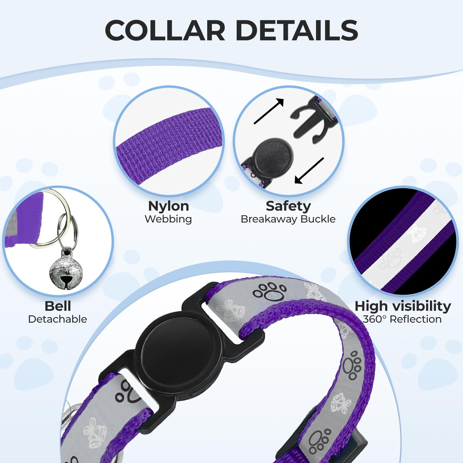 Cat Collar Breakaway, Reflective Kitten Collar with Bell, Purple