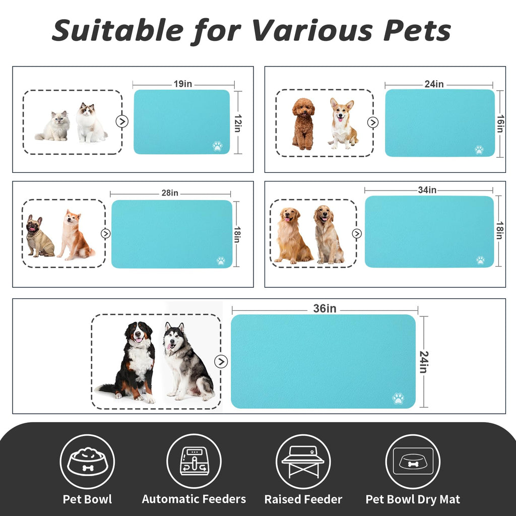 HotLive Dog Food Mat - Absorbent Cat Mat for Food and Water, No Stains Pet Feeding Bowl Mat, Easy to Clean Pet Placemats, Quick Dry Dog Water Dispenser Mat for Messy Drinkers | Paw Teal 18"x34"