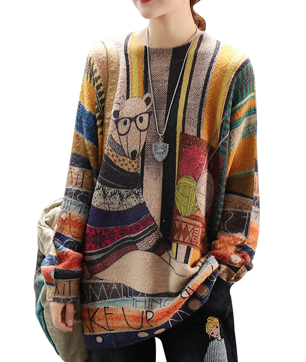 YESNO Women Casual Graphic Crew Neck Loose Long Sleeve Knitted Pullover Printed Sweater XS S01 CR31