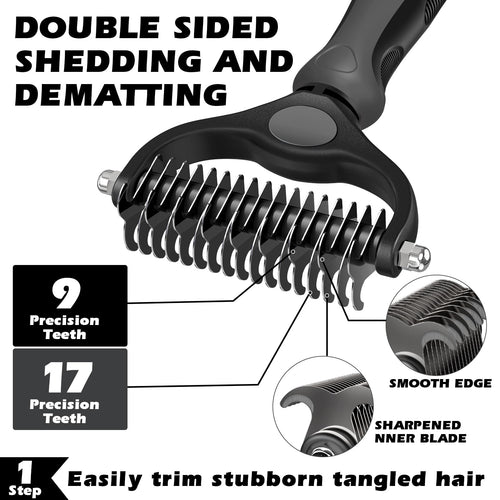 3PCS Self Cleaning Slicker Brush & Pet Grooming Rake & Flea Comb for Dogs,Cats and Horses | Double-Sided Dematting Comb & Skin Friendly Deshedding Grooming Tool | Premium Pet Supplies（Gray)