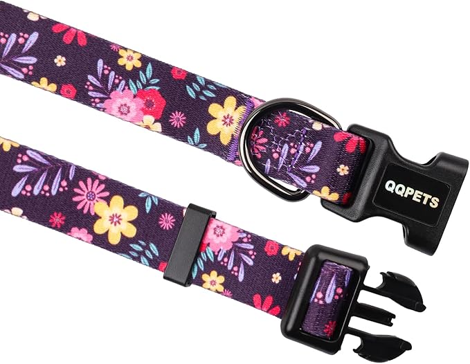 QQPETS Adjustable Soft Dog Collar: Print Flower Pink Multicolor Cute Patterns for XS Small Medium Large Pet Girl Boy Puppy Walking Running Training (S, Elegant Purple)