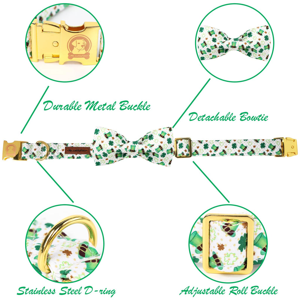 ·MR. CHUBBYFACE· St.Patrick's Clover Dog Collar with Bowtie, Green Clovers Shamrock Pattern Metal Buckle Dog Collar Adjustable Shamrock Collar for Small Medium Large Dogs