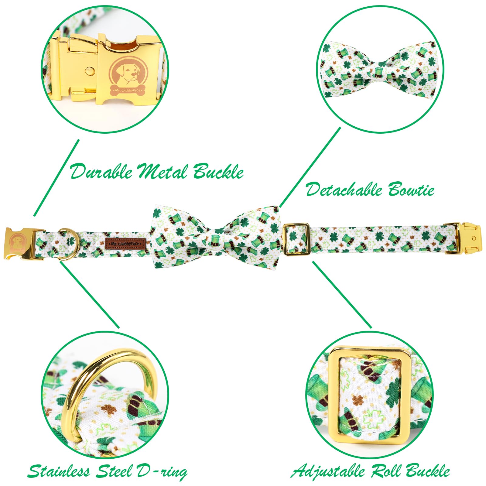 ·MR. CHUBBYFACE· St.Patrick's Clover Dog Collar with Bowtie, Green Clovers Shamrock Pattern Metal Buckle Dog Collar Adjustable Shamrock Collar for Small Medium Large Dogs