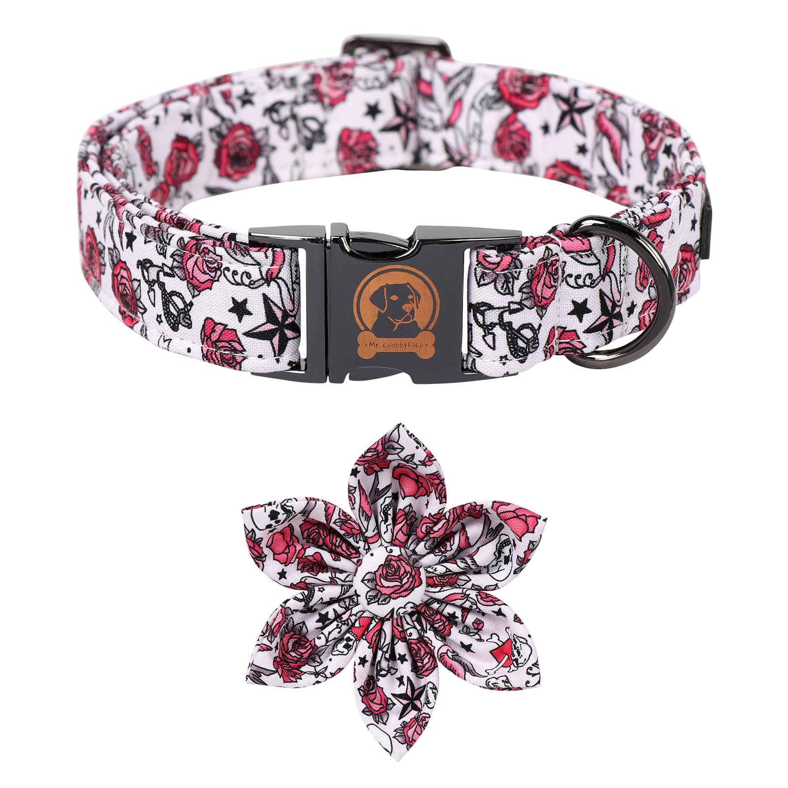 ·MR. CHUBBYFACE· Valentine's Dog Collar with Flower, Cute Pink Rose Cotton Dog Collar, Adjustable Valentine's Boy Girl Dog Collars with Metal Buckle for Small Medium Large Dogs