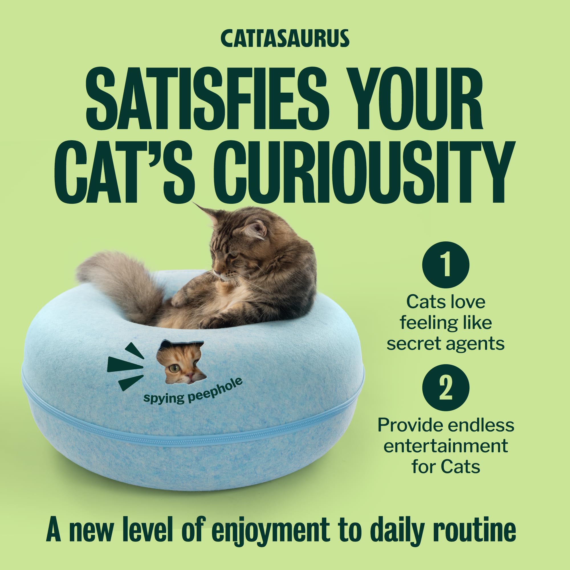 Cattasaurus Peekaboo Cat Cave Donut for Multiple & Large Cats up to 30-45 lbs, 3-in-1 Self Warming Cat Bed, Tunnel & Scratcher for Indoor Cats, Washable & Detachable Small Dog Bed (Blue, Jumbo)