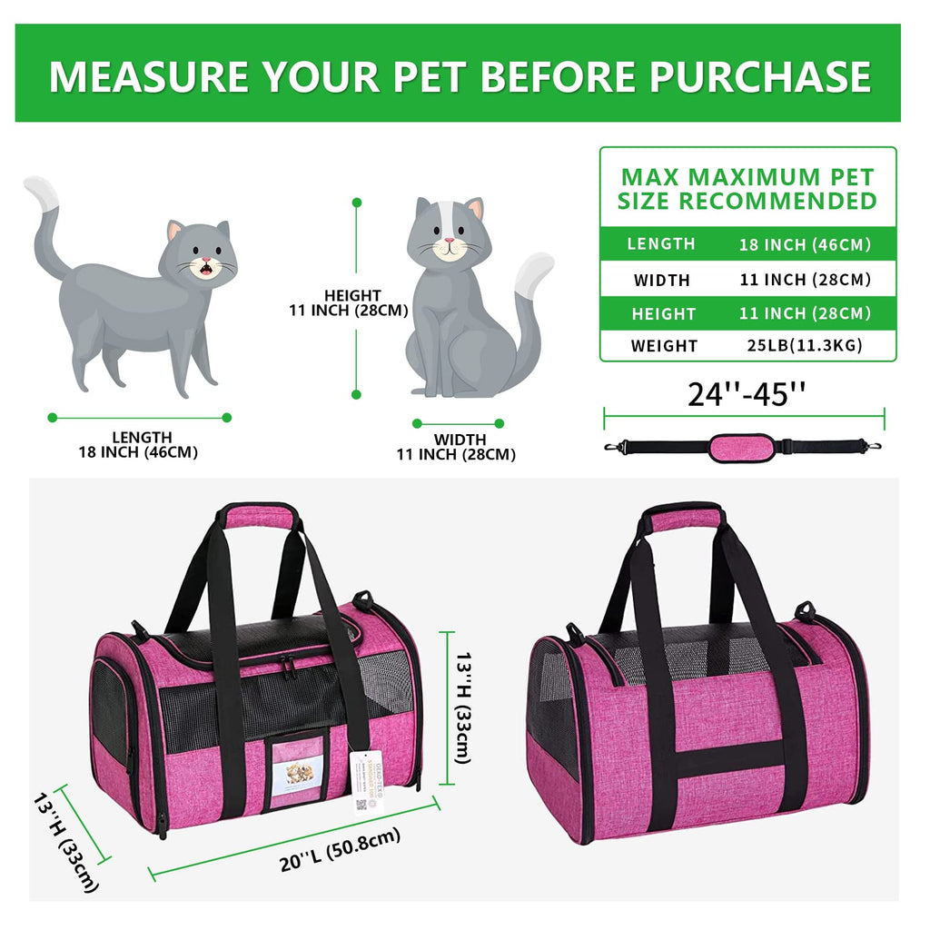 SECLATO 20 Inch Large Cat Carrier for Cats Up to 25 lbs, Extra Large Soft Sided Dog Travel Carrier - Collapsible, Airline Approved Size for 2 Cats with Removable Washable Mat & Food Bowl (Red)