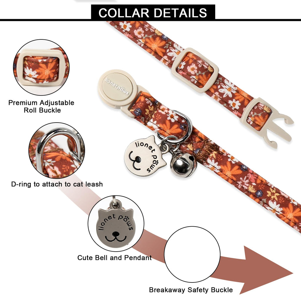 Lionet Paws 2pcs Pack Halloween Cat Collar,Brown Blossoms and Black Brown Grid with Breakaway Buckle,Cute Adjustable Cat Kitten Collar,Ideal for Girl Cats
