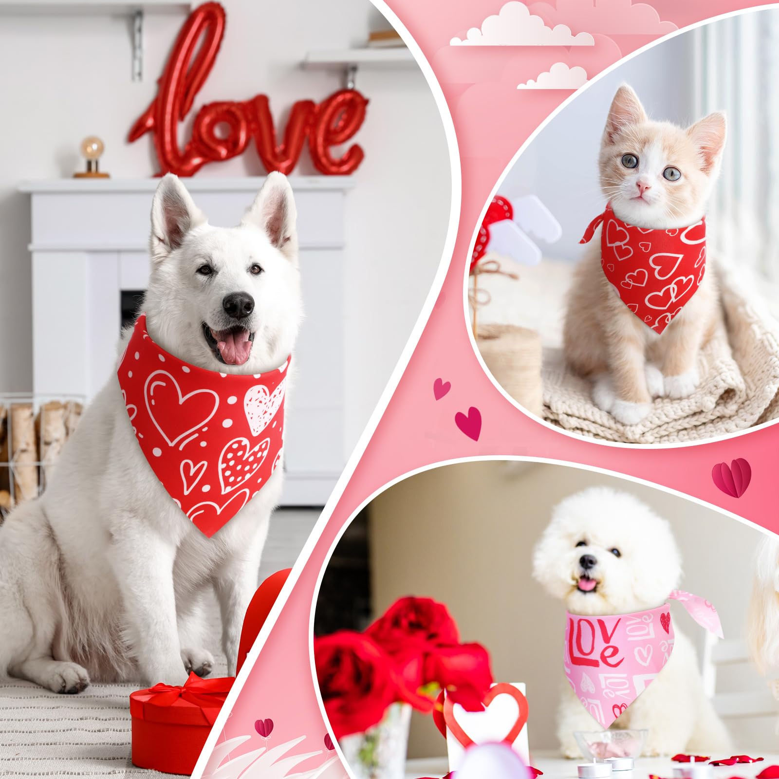 Weewooday 50 Pcs Valentines Dog Bandanas Bulk for Dogs Soft Bibs Adjustable Triangle Pet Bandana for Small Medium Large Costume(Heart Pattern, 25.6 x 17.7 x 17.7 Inch)