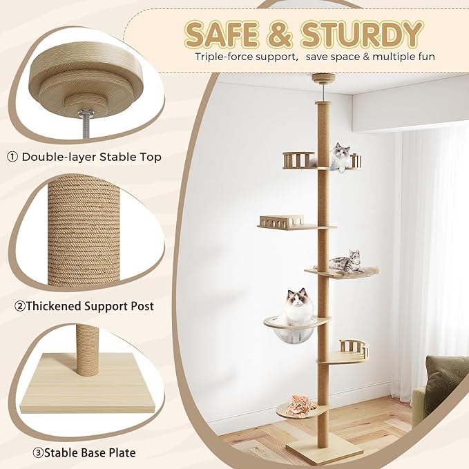 Erinnyees Cat Tree, Floor to Ceiling Cat Tree Height (86-110 in) Adjustable Cat Tower 6 Tier Hemp Scratching Post Cats Activity Center Removable Washable Pads