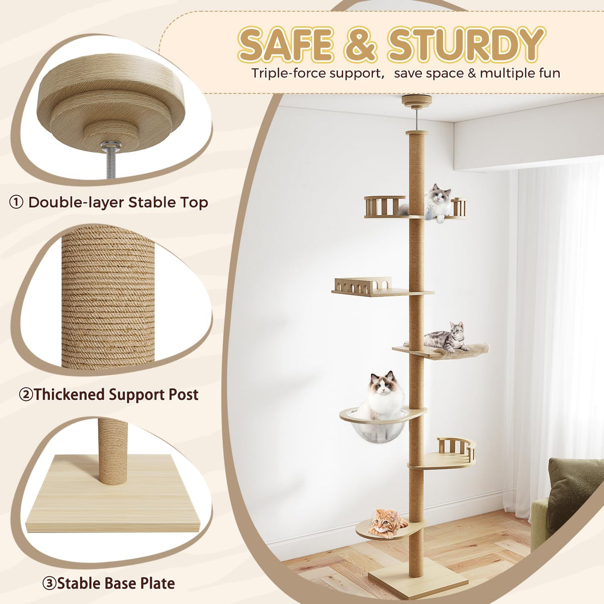 Erinnyees Cat Tree, Floor to Ceiling Cat Tree Height (86-106 in) Adjustable Cat Tower 6 Tier Hemp Scratching Post Cats Activity Center Removable Washable Pads