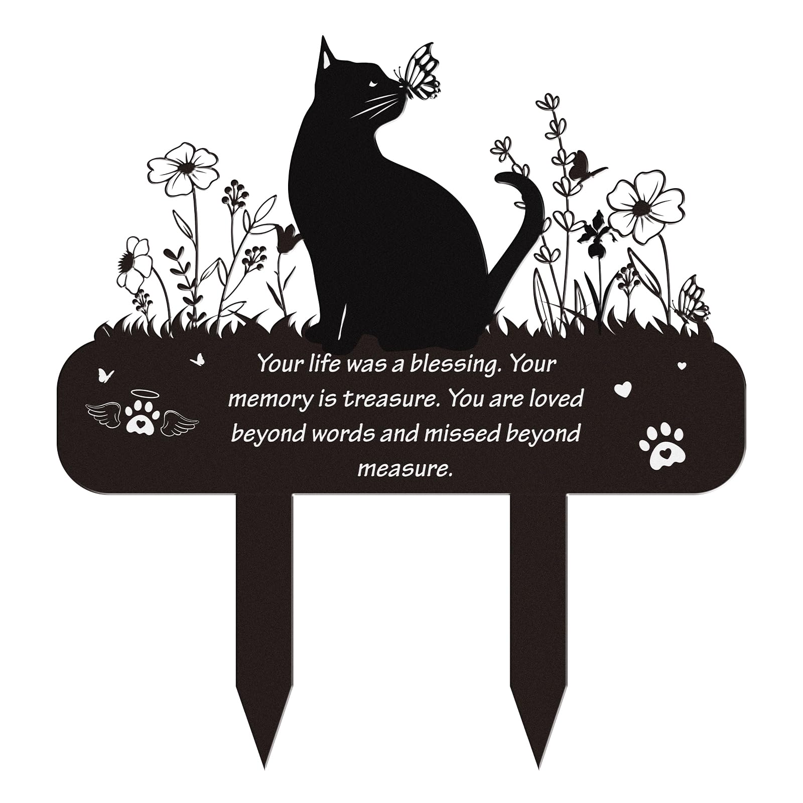 Pet Cat Memorial Grave Markers - Rngmsi Flowers Butterfly Cat Metal Garden Stakes Grave Decorations for Cemetery Pussy Memorial Stones Plaques for Outdoors