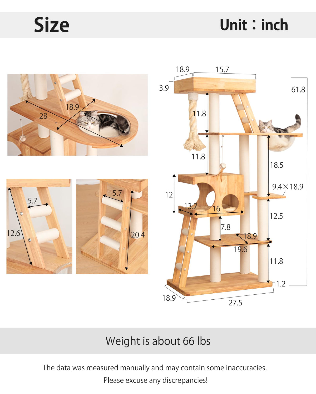 PETTIFUL 61.8" Wood Cat Tree Tower for Large Cats, Acrylic Bowl & Ladder