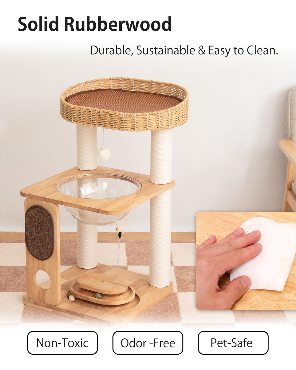 PETTIFUL Wood Cat Tree for Large Cats, Modern Cat Tree Tower with Wide Shelves Cotton Scratching Posts, Super Sturdy Base, Cozy Perches, and Interactive Toys for Indoor Kittens 31-Inch