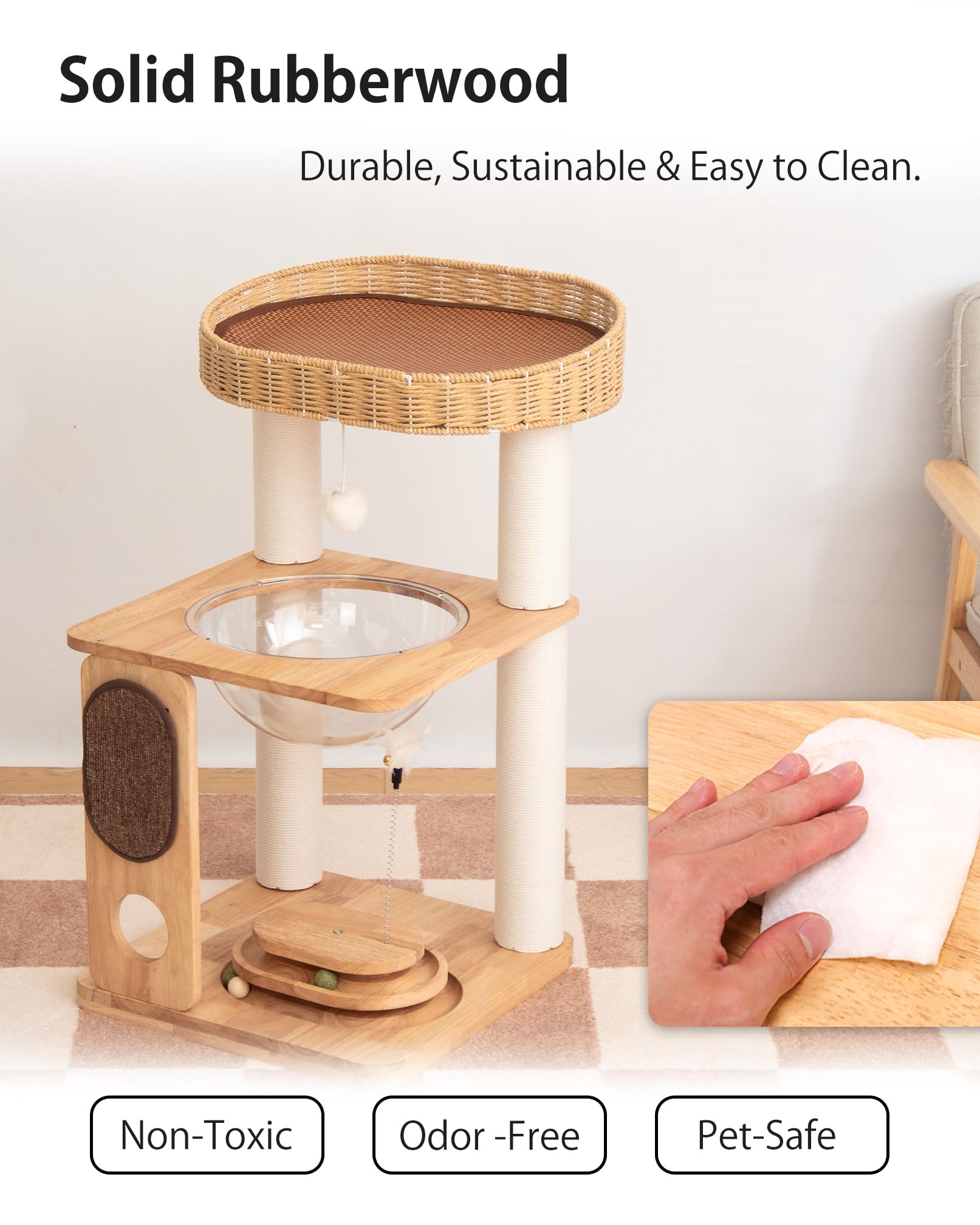 PETTIFUL Wood Cat Tree for Large Cats, Modern Cat Tree Tower with Wide Shelves Cotton Scratching Posts, Super Sturdy Base, Cozy Perches, and Interactive Toys for Indoor Kittens 31-Inch