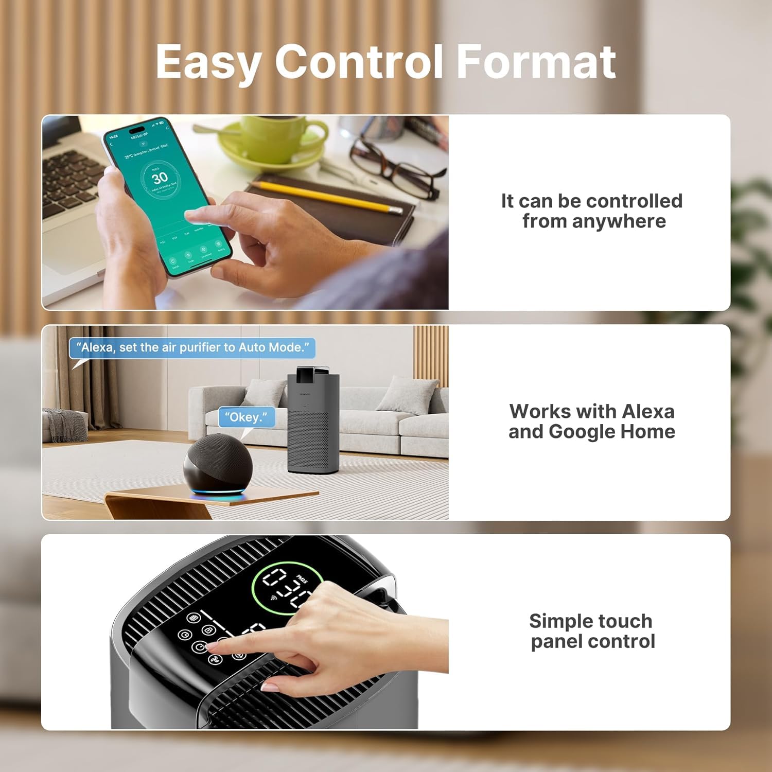 Air Purifiers for Smoke, HEPA Air Purifiers for Home Large Room Up to 3600 Ft² with PM 2.5 Air Laser Sensor, HEPA 3-in-1 air Filter Filters Airborne Particles, Wildfire Smoke, MR7566-WF, Ivory