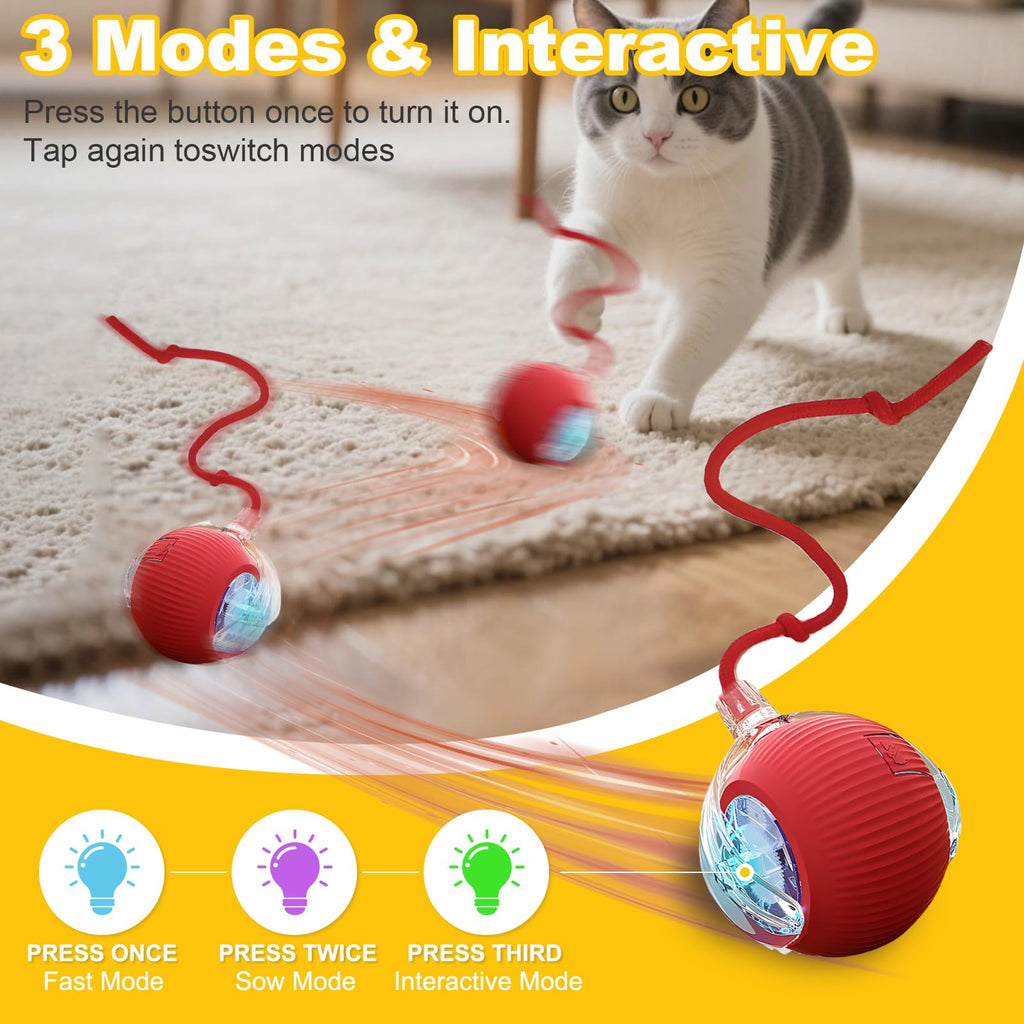 USB Rechargeable Smart Cat Toy Ball, 360° Rotation Automatic Moving Chase Toy, Obstacle Avoidance Interactive Play with 4 Spiral Springs, Enrichment Toys for Indoor Cats, Puppies & Small Dogs (Red)