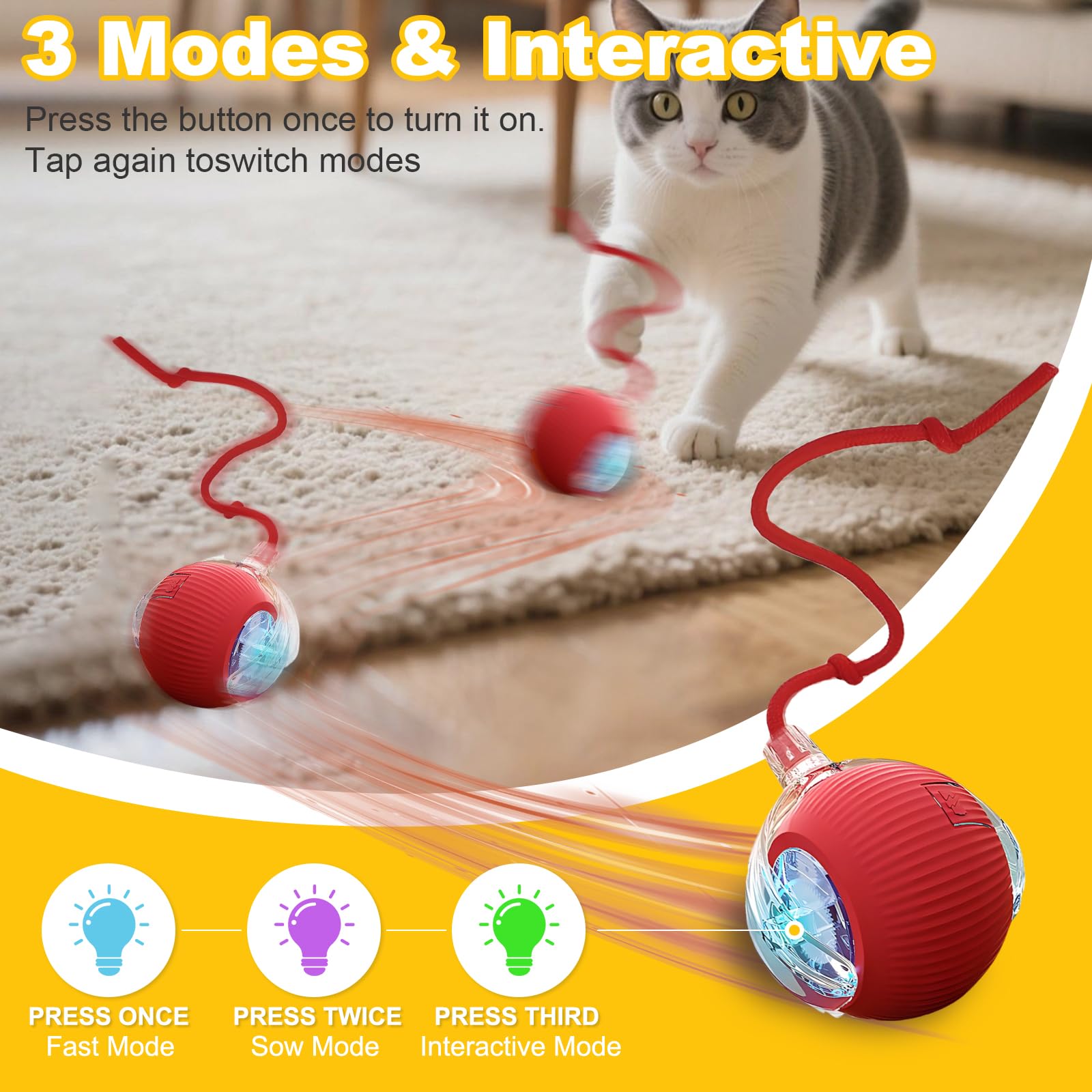 USB Rechargeable Smart Cat Toy Ball, 360° Rotation Automatic Moving Chase Toy, Obstacle Avoidance Interactive Play with 4 Spiral Springs, Enrichment Toys for Indoor Cats, Puppies & Small Dogs (Red)