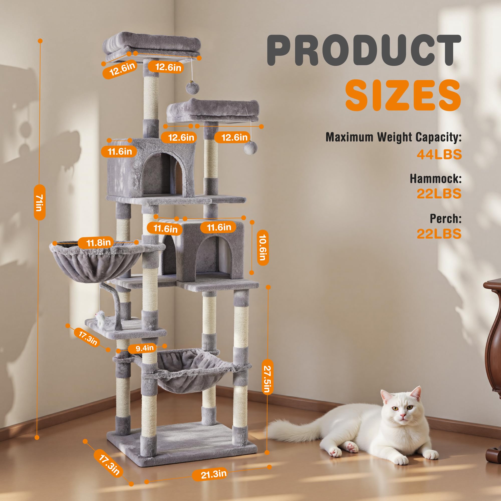 Sweetcrispy 71 Inch Cat Tree Tower with Natural Sisal Scratching Post