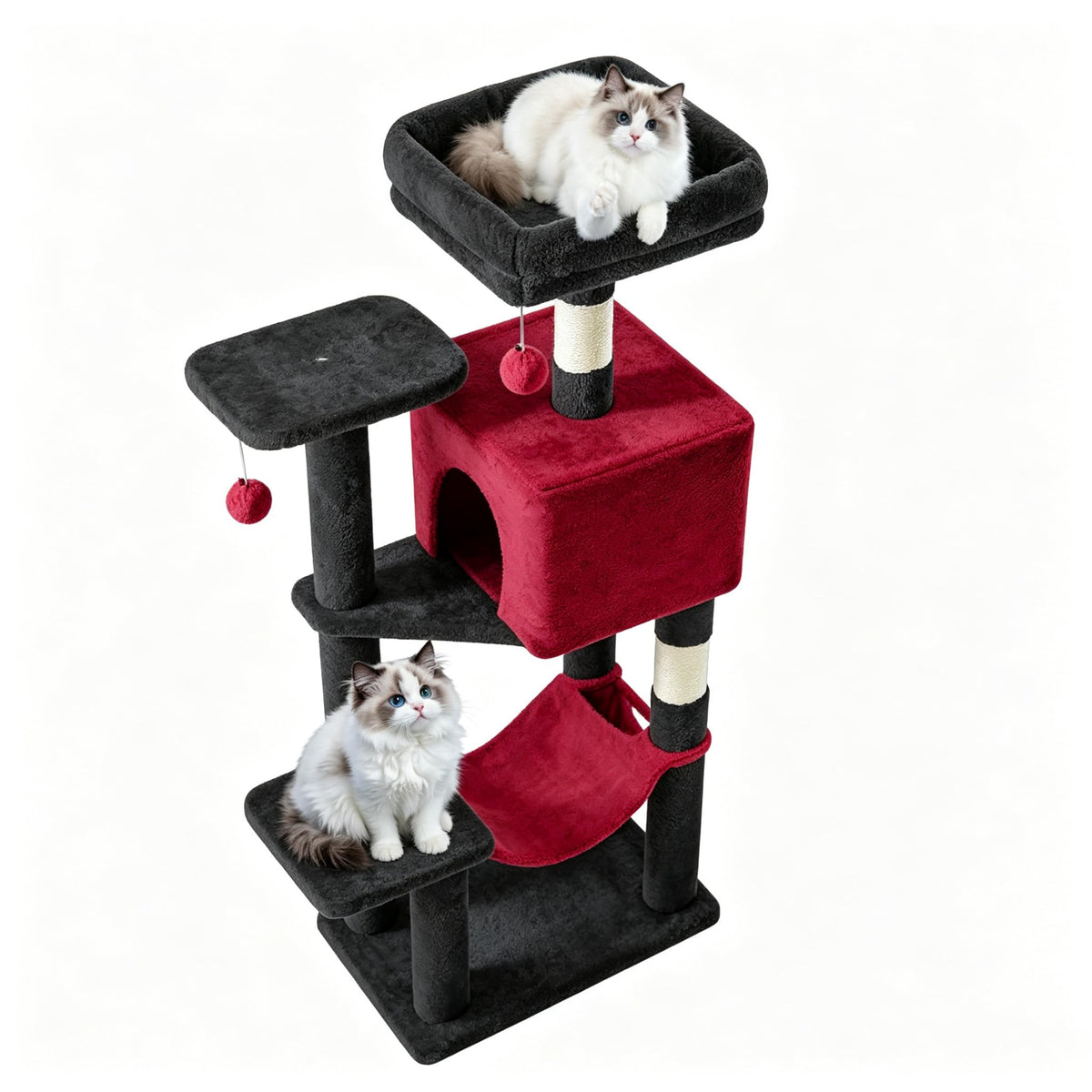 DUMOS 54-inch Indoor Cat Tree Tower –Multi-Level Pet House for Large Cats with 2 Condos, Scratching Posts, Round Platform, Small Ladder, and Toys – Perfect for Cats of All Ages, Dark Grey