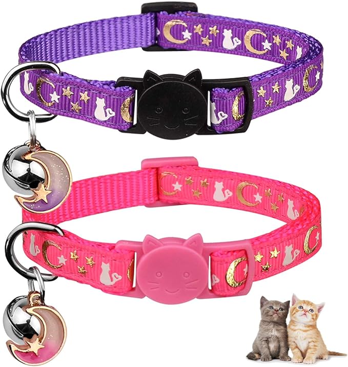 Baeuppit 2PCS Breakaway Cat Collars with Bell Cute Kitty Glow in The Dark Adjustable Kitten Collars 7.9-13.0 Inch(Teal&Purple)