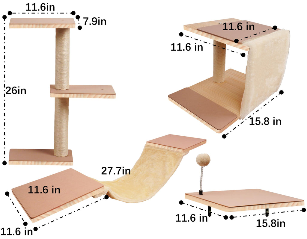 Cat Shelves for Wall，Solid Wood Cat Wall Furniture with Scratching Post,Hammock,Jumping Boards,Steps,Condo and Felt Pads, Suit for Cats Climb, Jump, Nap, Scratch-Beige