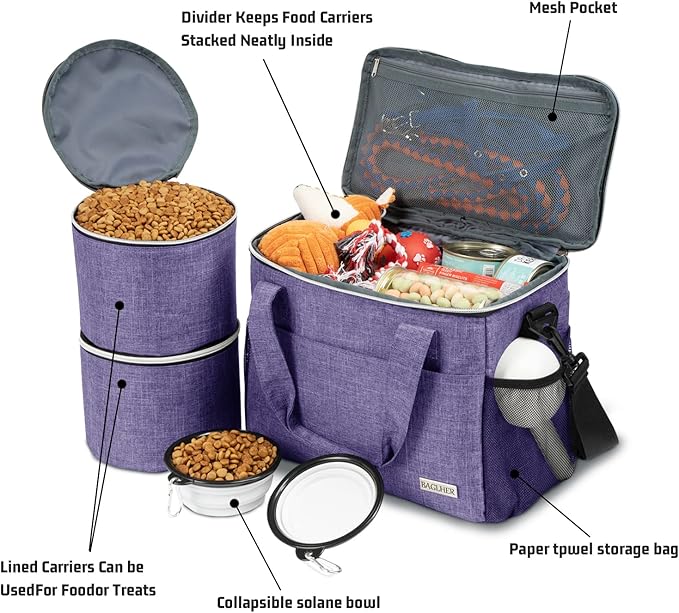 BAGLHER Dog Travel Bag Backpack Pet Supplies Backpack 5-Piece Set with Shoulder Strap 2 Lined Pet Food Containers 2 Foldable Feeding Bowls Essential Kit for Pet Travel