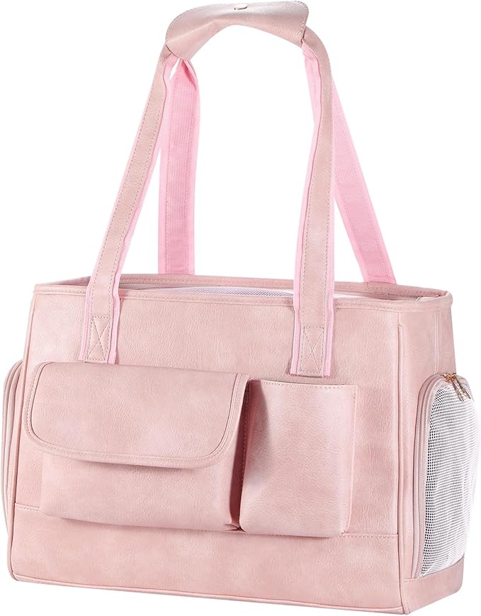 Johomviin Dog Carrier Purse, Fashion Leather Pet Carrier Bag, Airline Approved Soft Sided Cat Travel Tote Bag with Pockets Pink