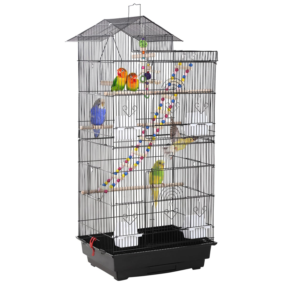 FDW 39 Inch Bird Cage Parakeet Cage with Play Top Rolling Stand & Easy Clean Pull-Out Tray Roof Top Parrot Cage for for Finches Canaries Parakeets Cockatiels & Other Small Birds, Black