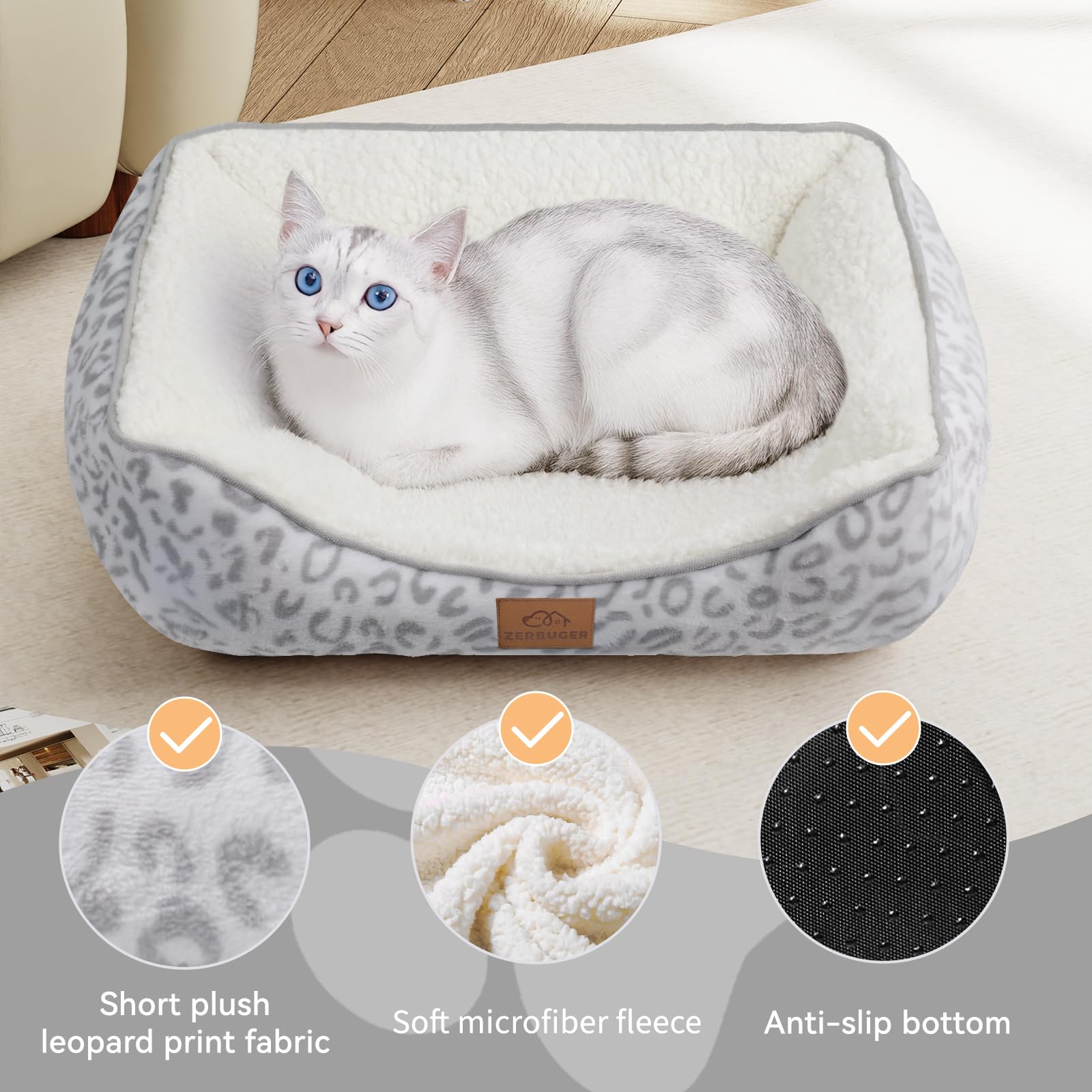 Zerbuger Rectangle Cat Dog Bed for Large Medium Small Pets Indoor Outdoor Machine Washable Sleeping Sofa Non-Slip Bottom Soft Puppy Bed Durable Orthopedic Calming Pet Cuddler (Small, White Leopard)
