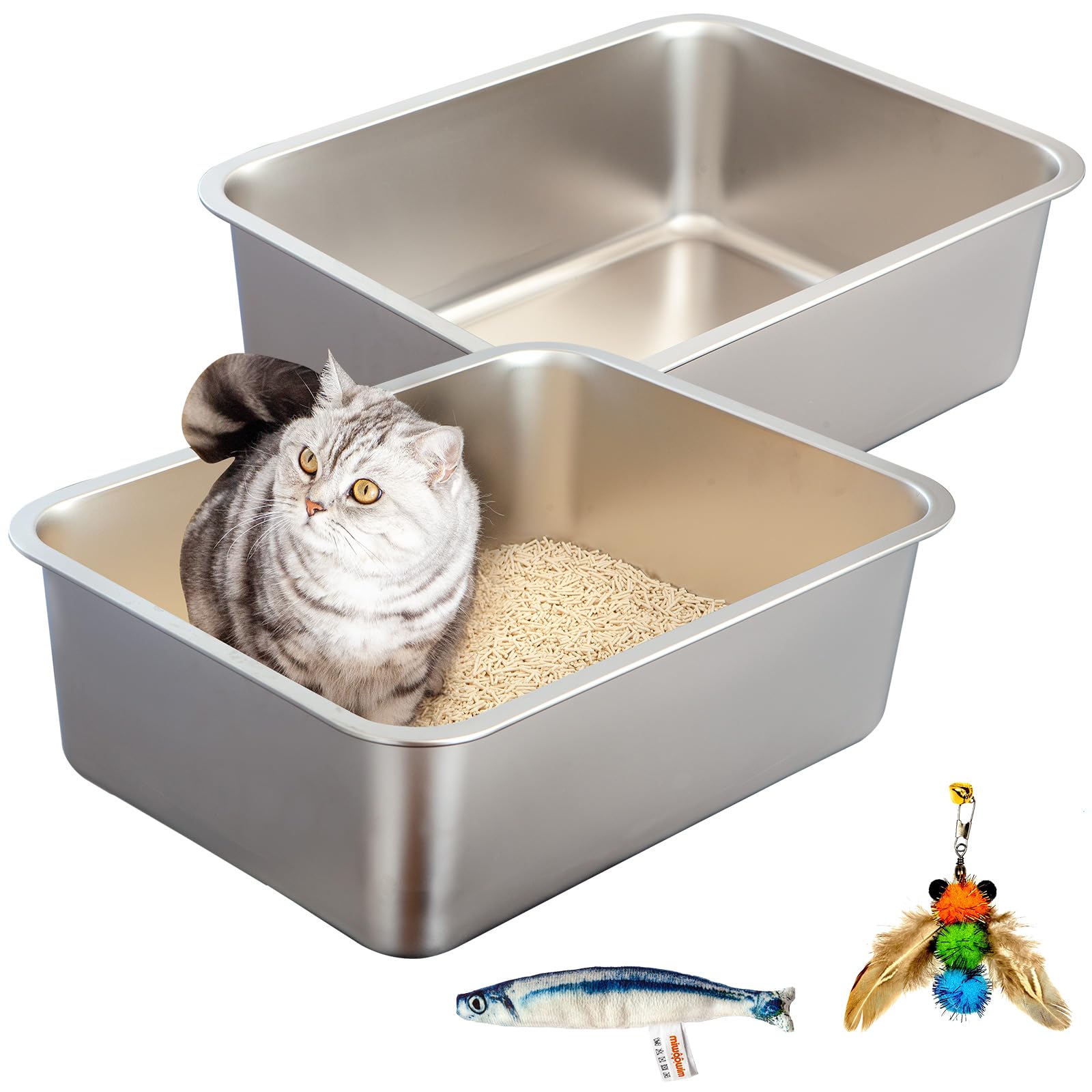 2-Pack Stainless Steel Cat Litter Boxes, Includes Catnip Fish Toy & Wand Feather Toy Refill, Easy to Clean, Pet Toilet Supplies for Kitten, Kitty, Rabbit, Metal Litter Pans for Multi-Cat Homes