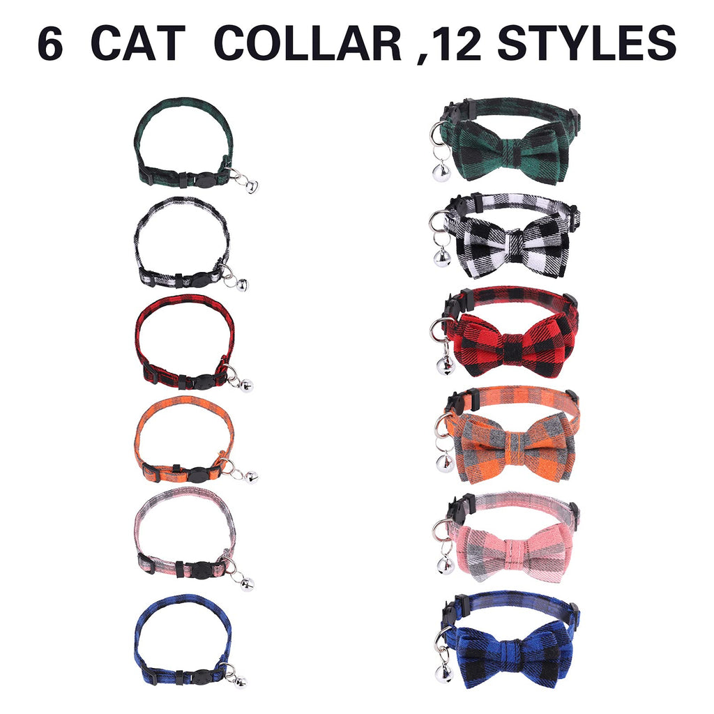 DragonflyDreams 6 PCS Cat Collars with Bow Tie and Bell,Cat Collars Plaid,Breakaway Adjustable Cat Bow Tie Collars,Cute Bow Tie Suitable for Kittens Or Certain Puppies