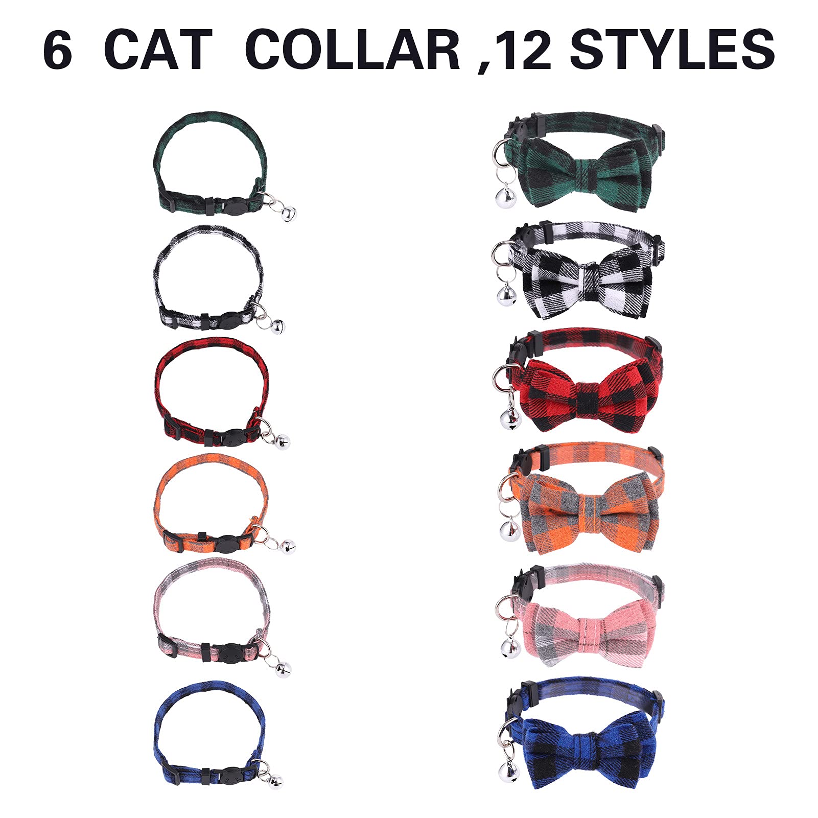 DragonflyDreams 6 PCS Cat Collars with Bow Tie and Bell,Cat Collars Plaid,Breakaway Adjustable Cat Bow Tie Collars,Cute Bow Tie Suitable for Kittens Or Certain Puppies