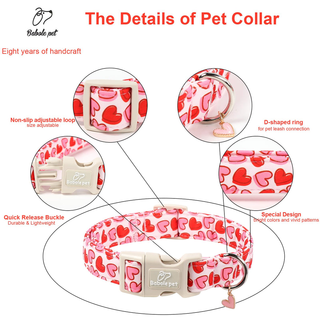 Babole Pet Valentines Dog Collar for Small Dogs - Pink Valentine Hearts Dog Collars, Girly Love Female Dogs Collars, Lightweight Adjustable Cute Puppy Collar with Quick-Release Buckle S