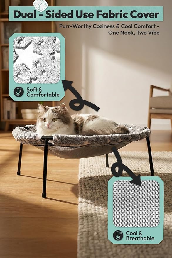 POMESEA Elevated Cat Bed, Glow-in-The-Dark Fabric Cat Hammock Bed for Large Indoor Cats, Machine Washable & Breathable Cover, Tool Free Easy Assembly, up to 66Lbs (Gray, L)