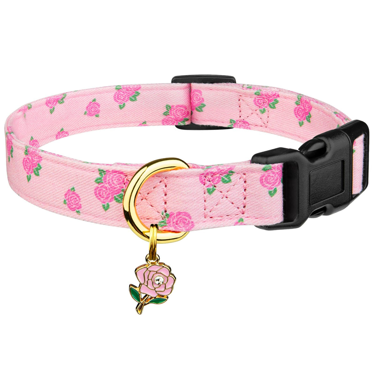 Cotton Dog Collar Pink Flower with Pendant Cute Dog Collar S