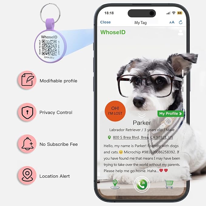 ESA Dog Tag, QR Code Dog Tag, Modifiable Free Pet Online Profile, Scannable QR Code, Scan QR Send Instant Location Alert Email, Silicone Lightweight ID Tag for Dog and Cat (Purple, Regular)