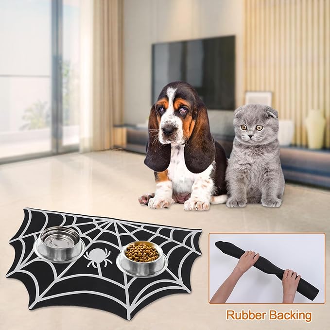 Halloween Dog Cat Mat for Food & Water Feeding, Spider Web 35.5''x24''