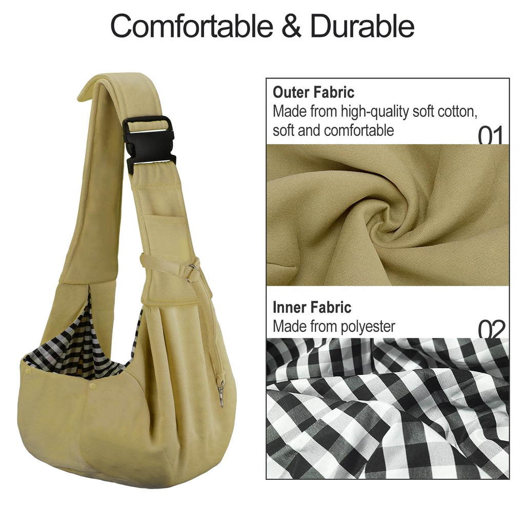 PETLOFT Reversible Dog Cat Sling Carrier, Small Dog Carrier, Adjustable Dog Sling, Hands Free Cross Body Carrier with Collar Hook for Dog/Cat/Bunny up to 11lb(Khaki)