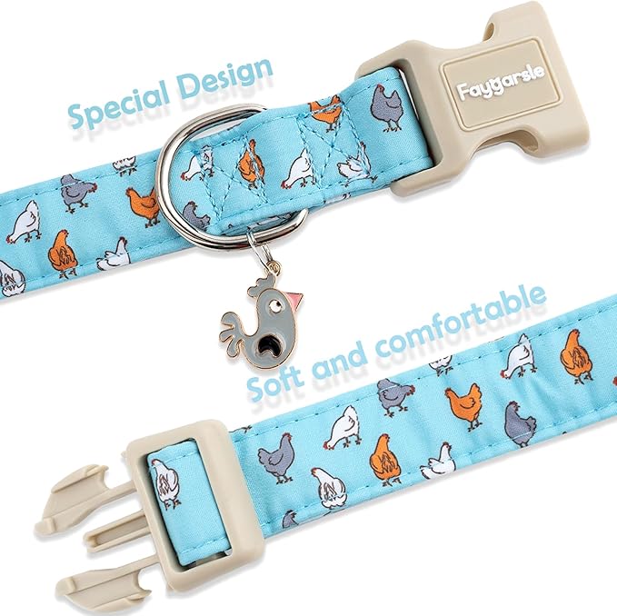 Faygarsle Funny Chicken Pattern Dog Collar, Cotton Fabric, Light Blue with Farm Animal Print for Small Medium Large Dogs, XS