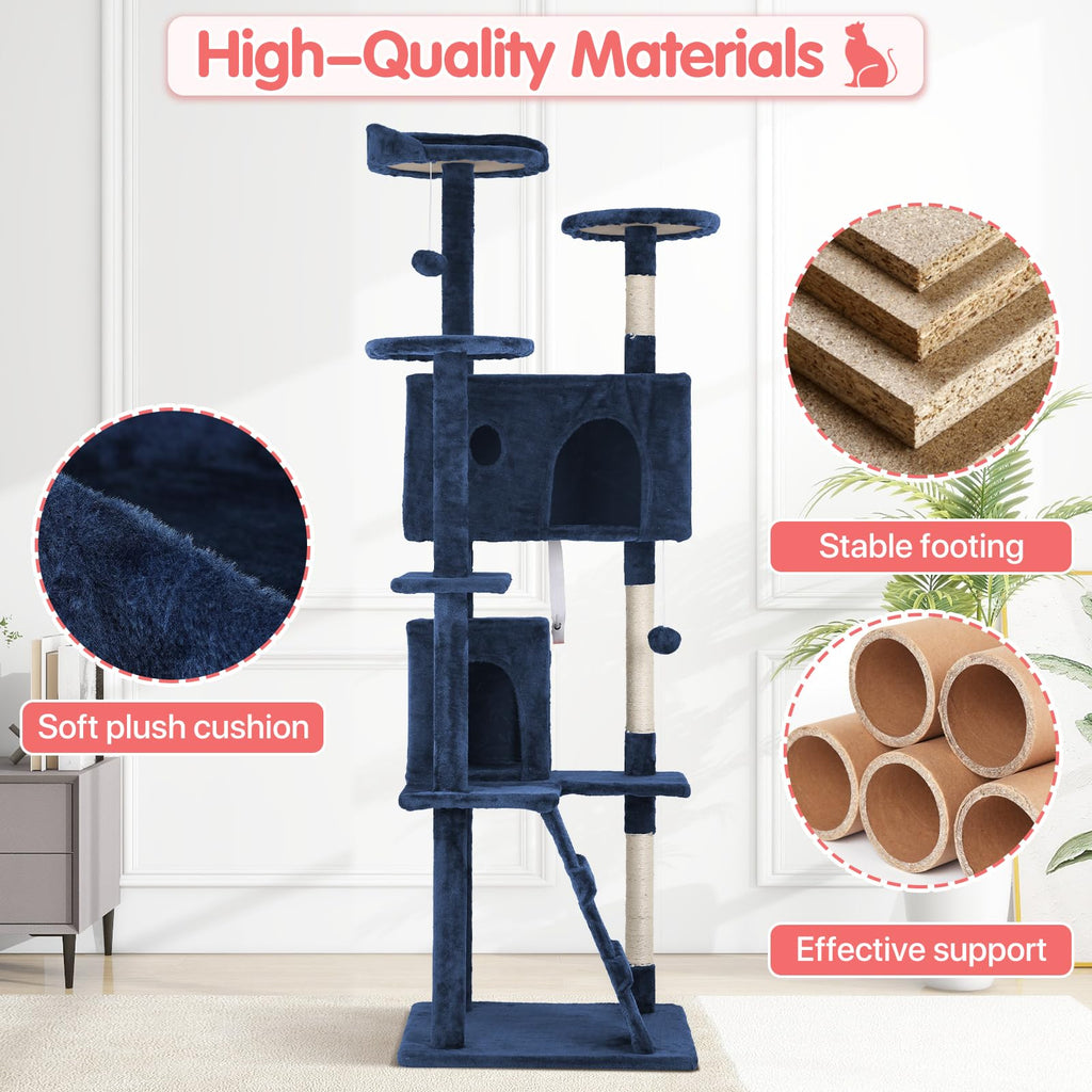 70in Cat Tree Cat Climbing Tower with Scratching Post, Cats House Perch Kitten Tree Condo Wood Playhouse, Pet Trees Tower for Indoor Cats, Navy Blue