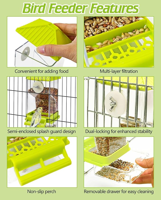 BNOSDM No Mess Automatic Bird Feeder 2 Pcs Anti-Splash Bird Feeder Acrylic Transparent Food Container Parrot Cage Accessories for Parakeets Budgies Lovebirds Cockatoos Conures Finches (Green)