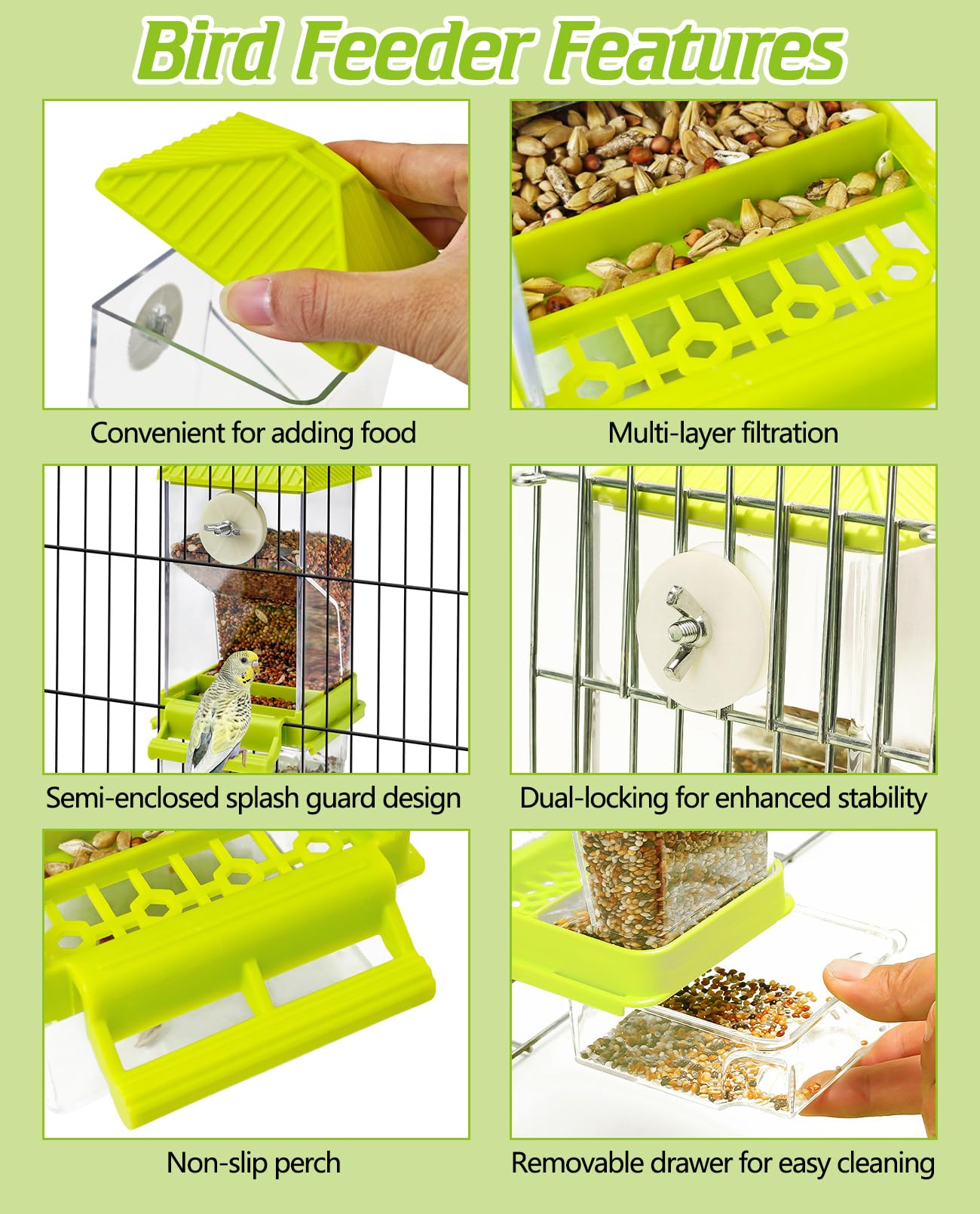 BNOSDM No Mess Automatic Bird Feeder Anti-Splash Bird Feeder Acrylic Transparent Food Container Parrot Cage Accessories for Parakeets Budgies Lovebirds Cockatoos Conures Finches (Green)