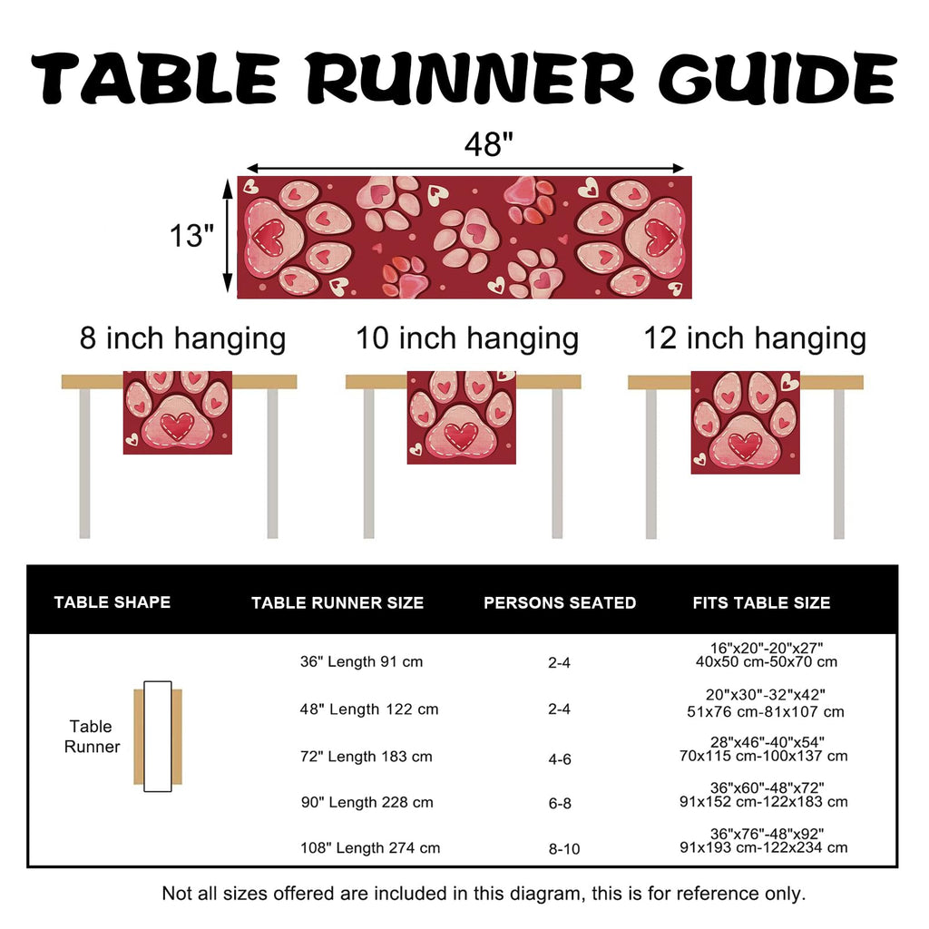 Croar Valentines Day Dog Cat Paw Prints Table Runner, Red Love Hearts