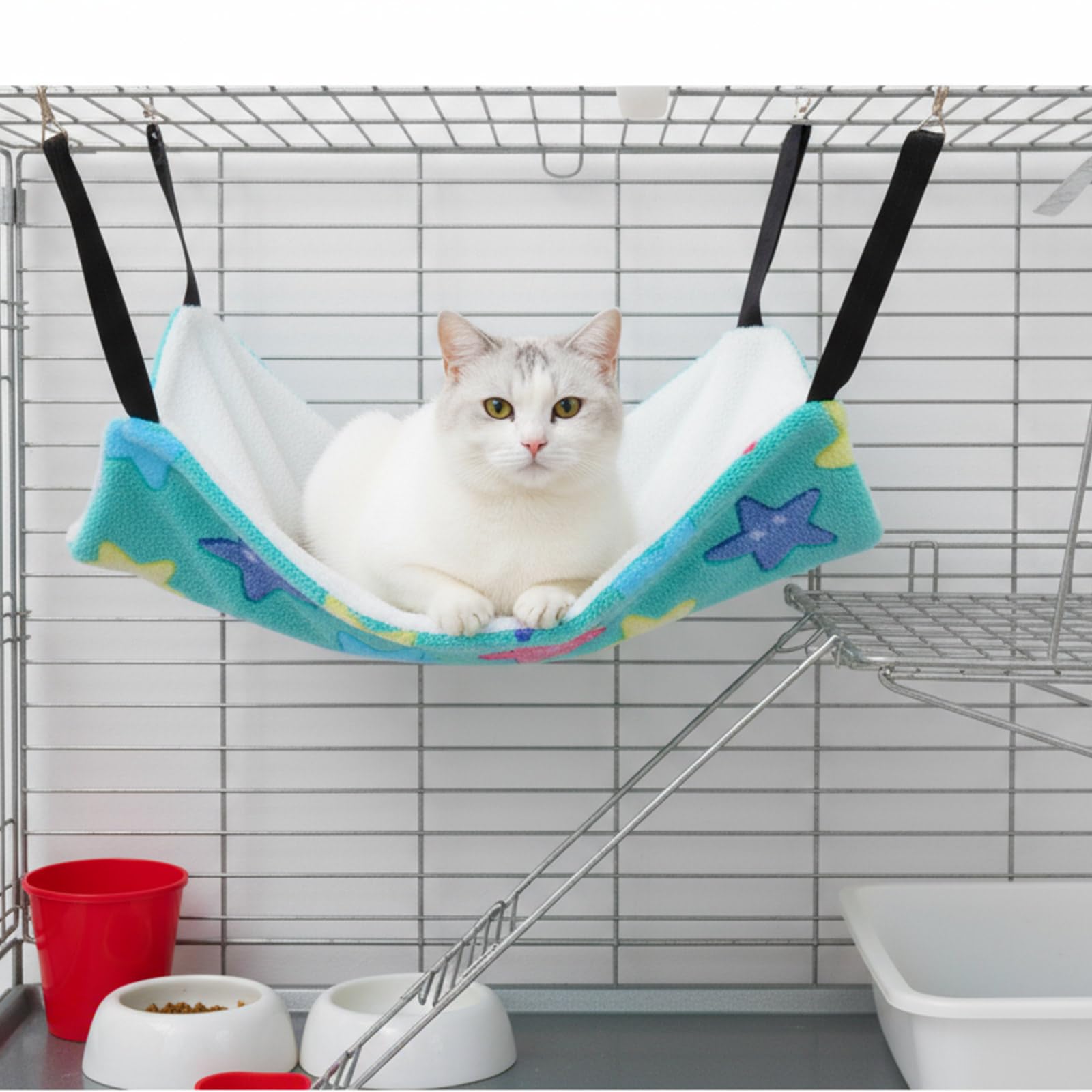 JolliLudo 8 Pcs Cat Hammock for Cage, Pet Hammock Bed, Reversible Hanging Cat Hammocks Soft Bed, with Straps and Metal Hooks for Kitten Indoor Puppy Rabbits Feral Animals Shelters(Starfish Style)
