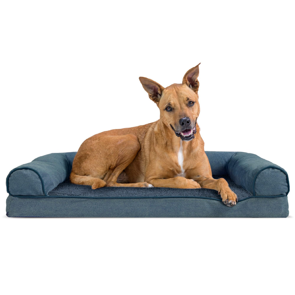 Furhaven Orthopedic Dog Bed for Large Dogs w/ Removable Bolsters & Washable Cover, For Dogs Up to 95 lbs - Plush & Suede Sofa - Almondine, Jumbo/XL