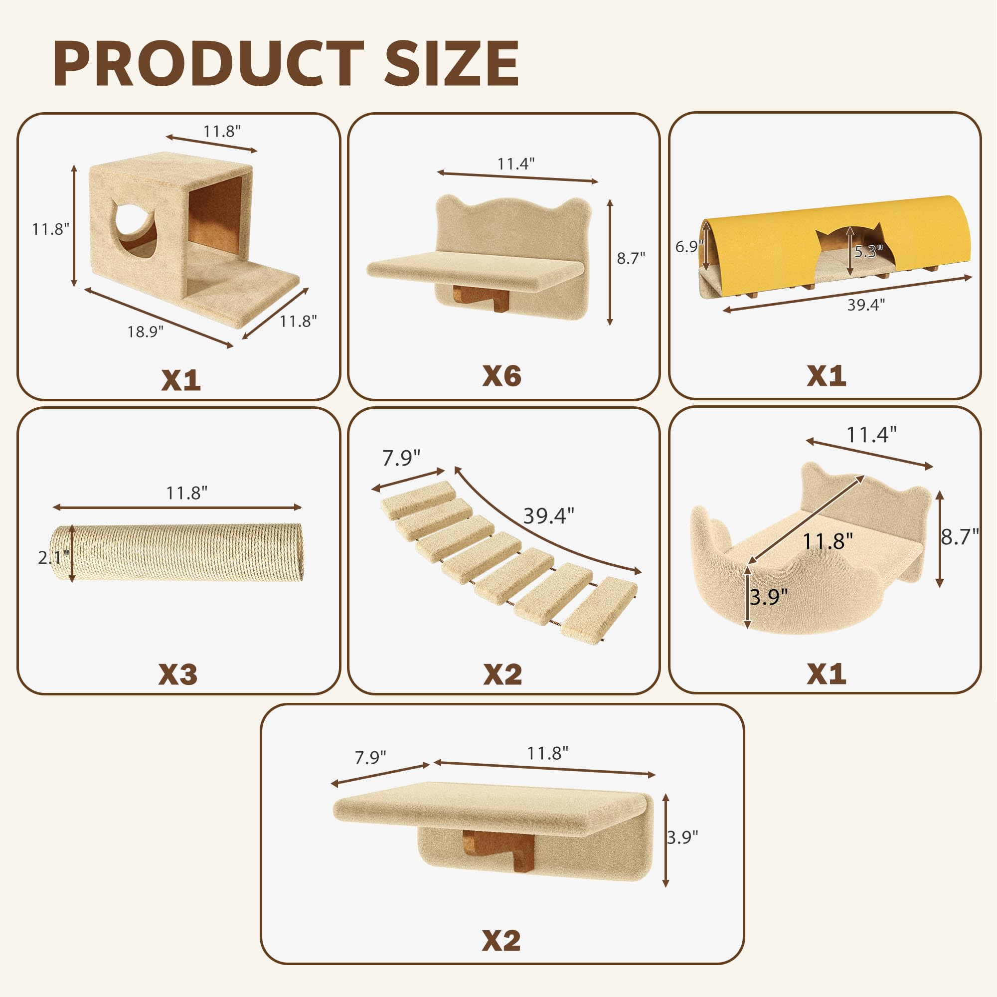 Homiflex 16-in-1 Cat Wall Shelves, Cat Furniture w/Tunnel & Bridge, Beige