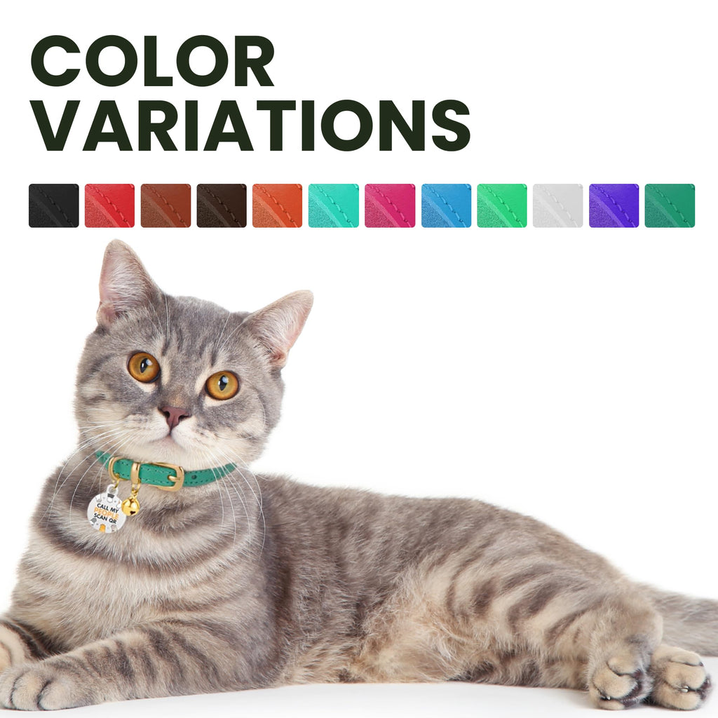 BRONZEDOG Leather Cat Collar with Removable Bells Non Breakaway Kitten QR Tag for Girl Boy (7" - 9" for Cats, Black & Gold)