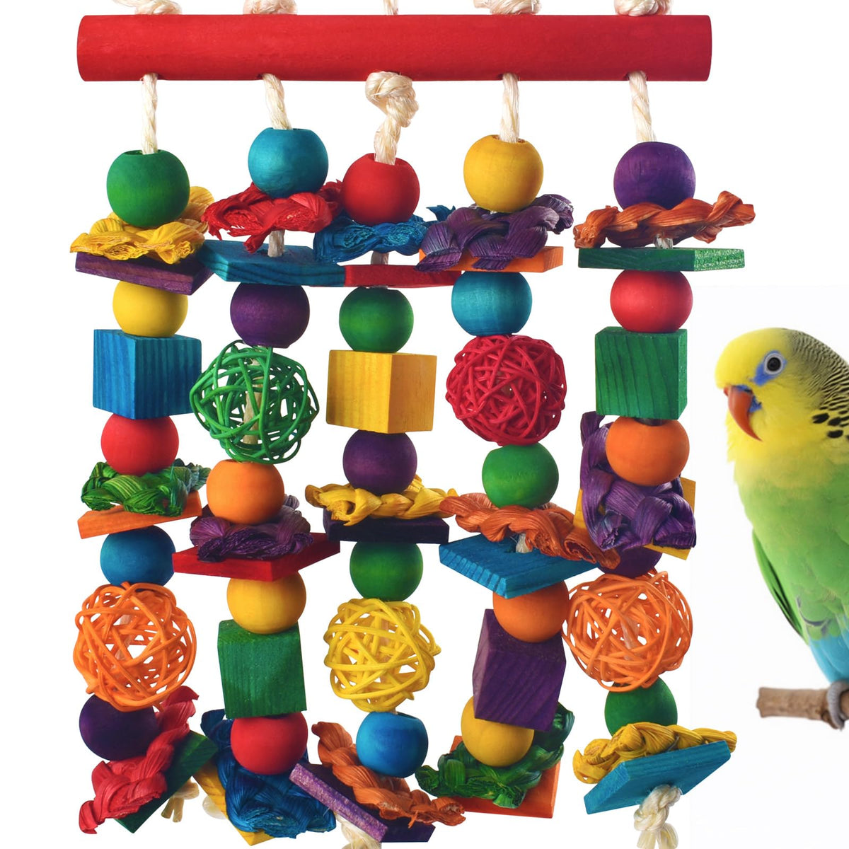 DBNESS Bird Toys, 2PCS Parrot Foraging Hanging Toy, Multicolored Natural Wooden Blocks Parakeet Chewing Toys mit Rattan Wicker Balls, for Medium Small Cockatoos Budgie Lovebird Cockatiel Conure