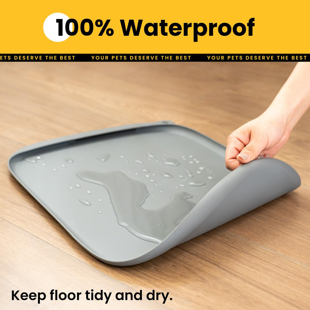 Silicone Dog Food Mat with Side Pocket & Hook Hole, Soft Raised Edges, Easy Clean Waterproof Non-Slip Pet Feeding Mat for Cats and Dogs Water Bowl, Pets Accessories(24"x16",Grey)